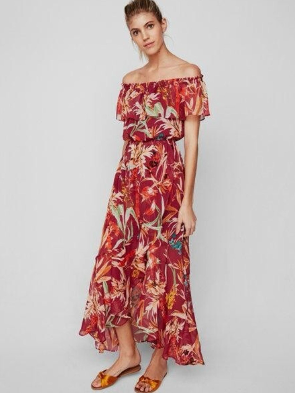 Express Red Floral Romantic Off-Shoulder Maxi Dress